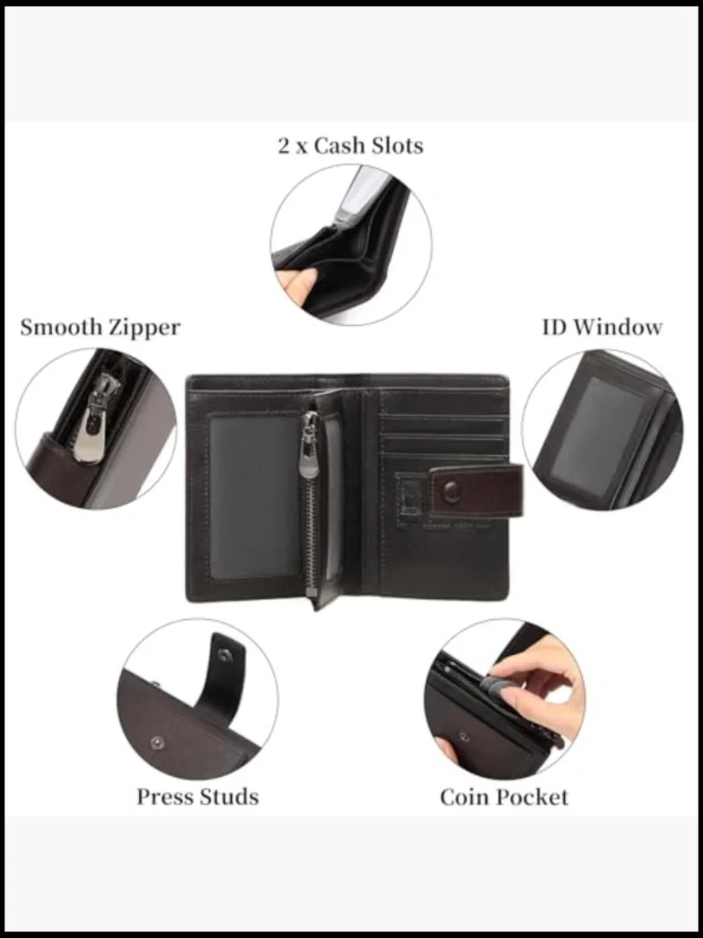 Genuine Leather Bifold Wallet RFID Blocking With Zipper Coin Pocket ID Windows